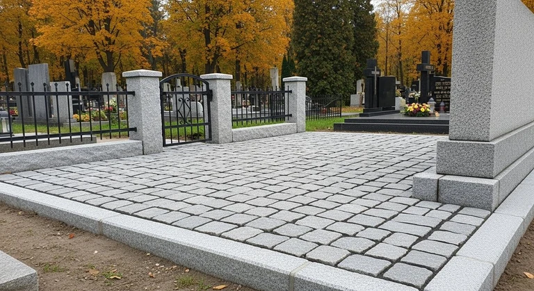 Благоустройство захоронений в Магнитогорске — мощение гранитной плиткой, цоколь и ограда на ухоженном участке