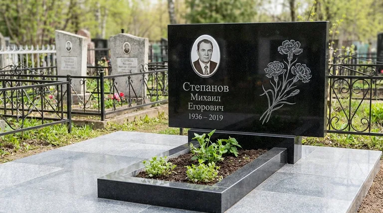 Памятник с гравировкой гвоздик — выполненная работа «Степанов» в Магнитогорске