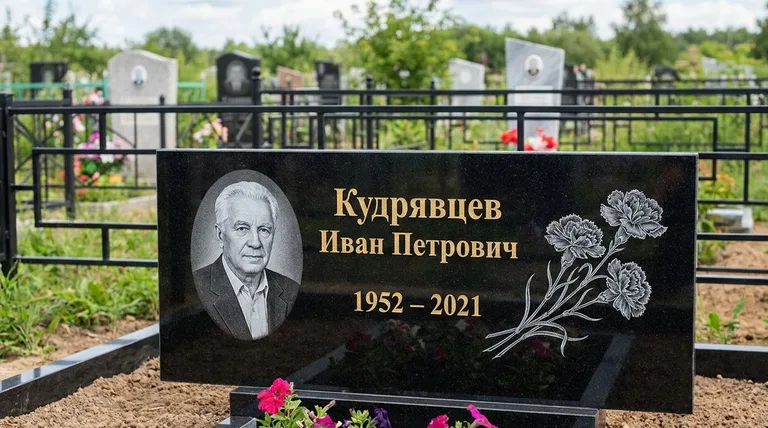 Памятник с гравировкой гвоздик — выполненная работа «Кудрявцев» в Магнитогорске