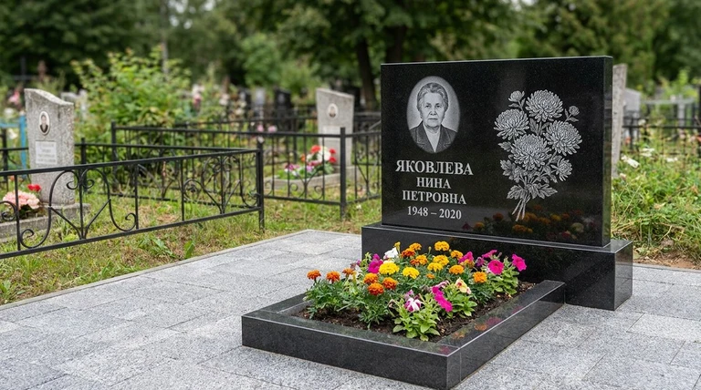 Гравировка хризантем на памятник в Магнитогорске — пример работы на граните