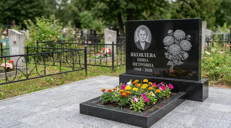 Памятник с гравировкой хризантем — выполненная работа «Соколов» в Магнитогорске