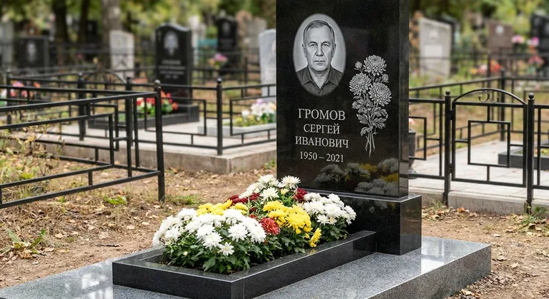 Памятник с гравировкой хризантем — выполненная работа «Громов» в Магнитогорске