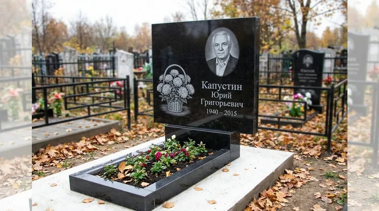 Памятник с гравировкой хризантем — выполненная работа «Капустин» в Магнитогорске
