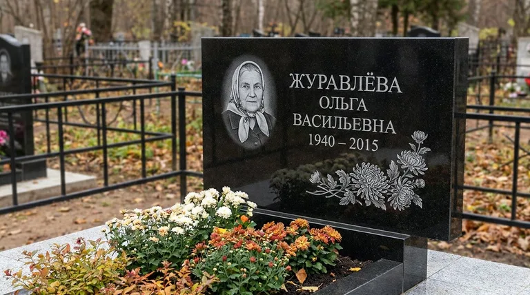 Памятник с гравировкой хризантем — выполненная работа «Журавлёва» в Магнитогорске