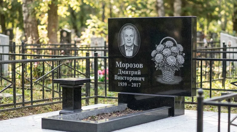 Памятник с гравировкой хризантем — выполненная работа «Морозов» в Магнитогорске
