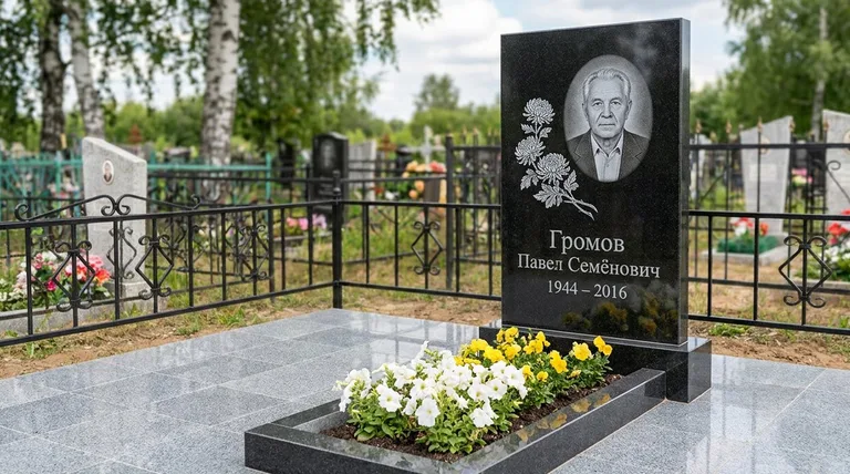 Памятник с гравировкой хризантем — выполненная работа «Громов» в Магнитогорске