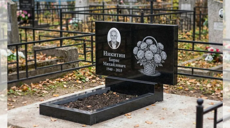 Памятник с гравировкой хризантем — выполненная работа «Никитин» в Магнитогорске