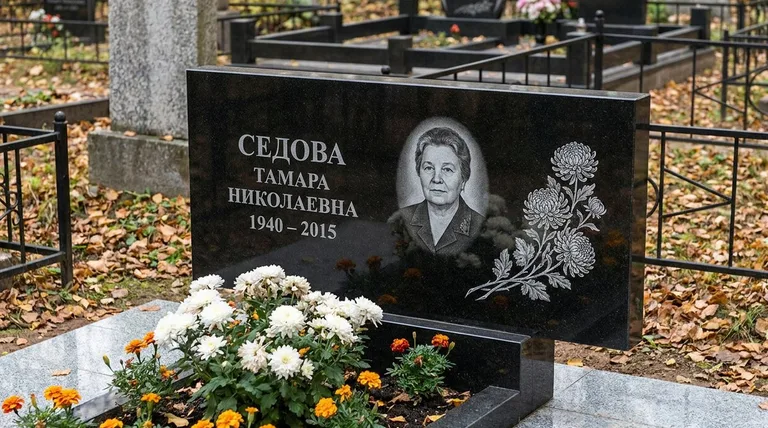 Памятник с гравировкой хризантем — выполненная работа «Седова» в Магнитогорске