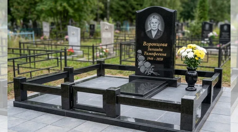 Памятник с гравировкой хризантем — выполненная работа «Воронцова» в Магнитогорске