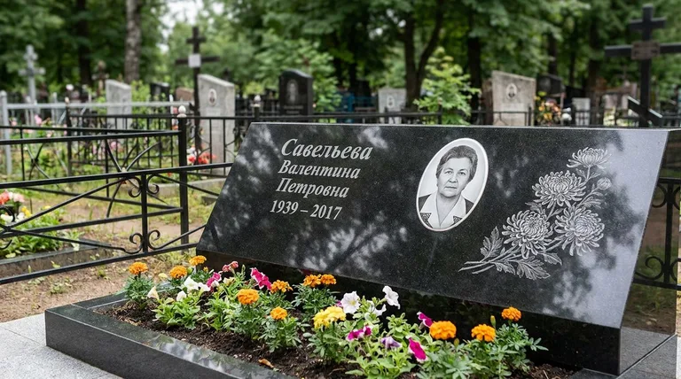 Памятник с гравировкой хризантем — выполненная работа «Савельева» в Магнитогорске