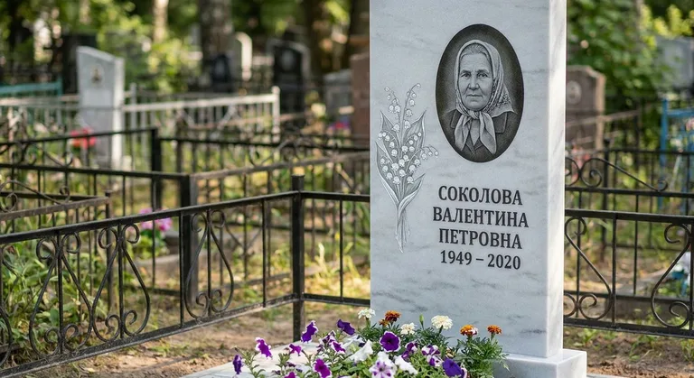 Памятник с гравировкой ландышей — выполненная работа «Соколова» в Магнитогорске