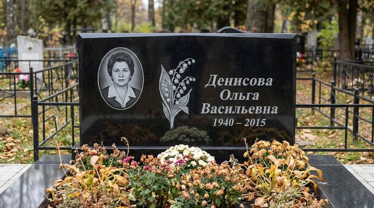 Памятник с гравировкой ландышей — выполненная работа «Денисова» в Магнитогорске