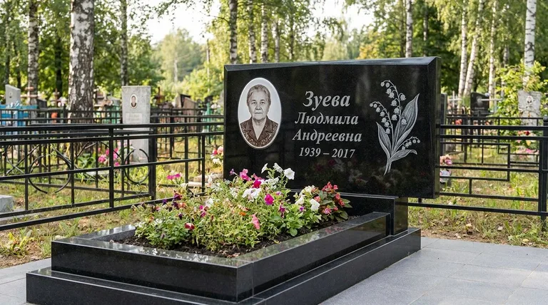 Памятник с гравировкой ландышей — выполненная работа «Зуева» в Магнитогорске
