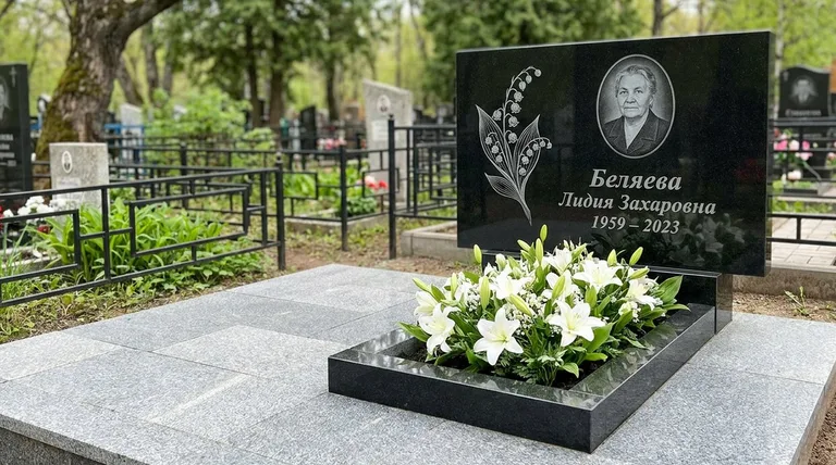 Памятник с гравировкой ландышей — выполненная работа «Беляева» в Магнитогорске