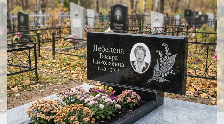 Памятник с гравировкой ландышей — выполненная работа «Лебедева» в Магнитогорске