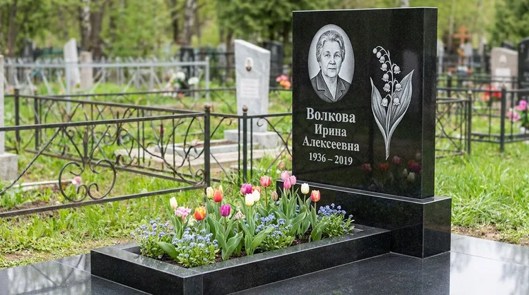 Памятник с гравировкой ландышей — выполненная работа «Волкова» в Магнитогорске