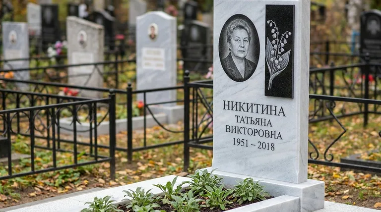 Памятник с гравировкой ландышей — выполненная работа «Никитина» в Магнитогорске