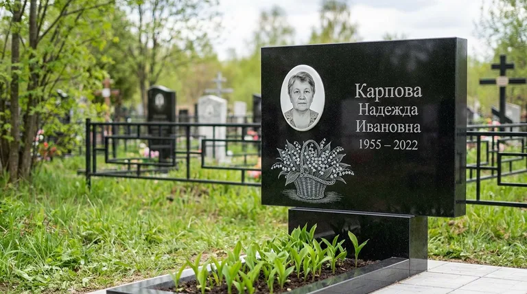 Памятник с гравировкой ландышей — выполненная работа «Карпова» в Магнитогорске