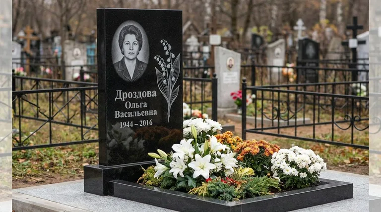 Памятник с гравировкой ландышей — выполненная работа «Дроздова» в Магнитогорске