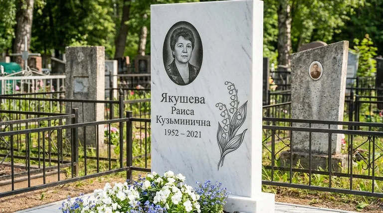 Памятник с гравировкой ландышей — выполненная работа «Якушева» в Магнитогорске
