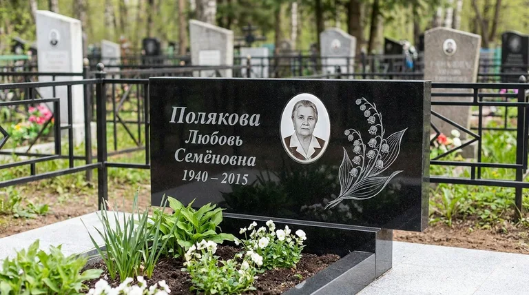Памятник с гравировкой ландышей — выполненная работа «Полякова» в Магнитогорске