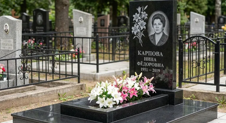 Памятник с гравировкой лилий — выполненная работа «Карпова» в Магнитогорске