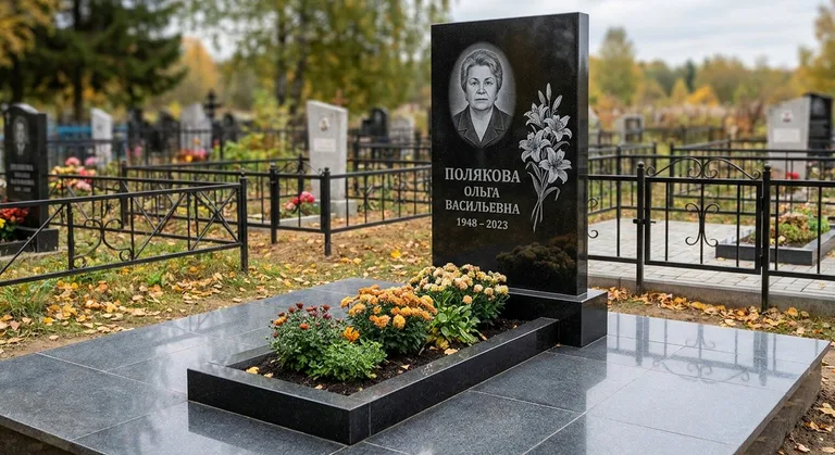 Памятник с гравировкой лилий — выполненная работа «Полякова» в Магнитогорске