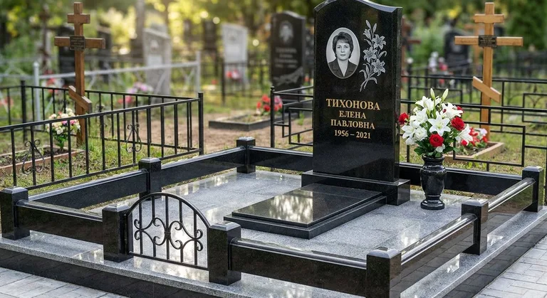 Памятник с гравировкой лилий — выполненная работа «Тихонова» в Магнитогорске