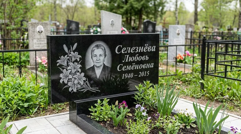 Памятник с гравировкой лилий — выполненная работа «Селезнёва» в Магнитогорске