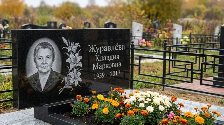 Памятник с гравировкой лилий — выполненная работа «Журавлёва» в Магнитогорске