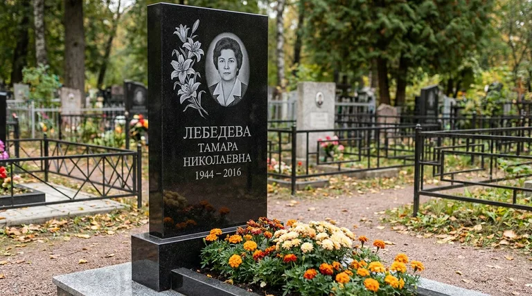 Памятник с гравировкой лилий — выполненная работа «Лебедева» в Магнитогорске