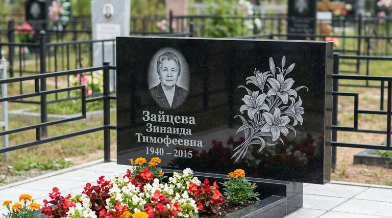 Памятник с гравировкой лилий — выполненная работа «Зайцева» в Магнитогорске
