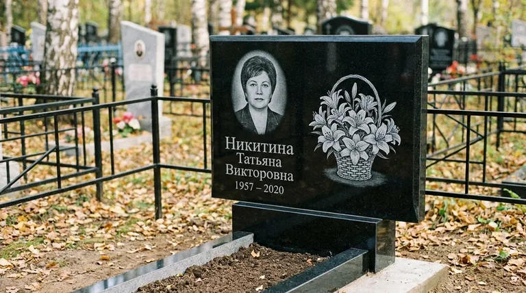 Памятник с гравировкой лилий — выполненная работа «Никитина» в Магнитогорске