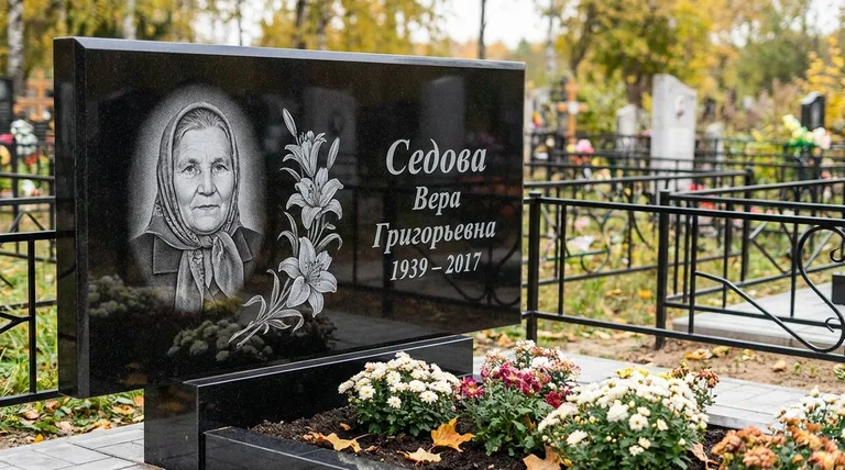 Памятник с гравировкой лилий — выполненная работа «Седова» в Магнитогорске