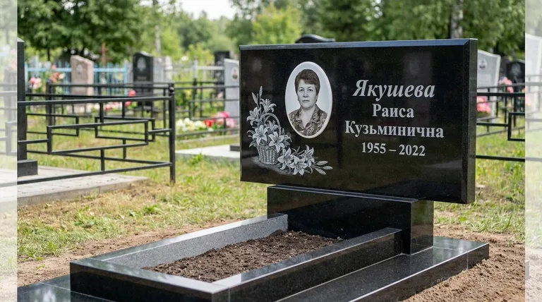 Памятник с гравировкой лилий — выполненная работа «Якушева» в Магнитогорске