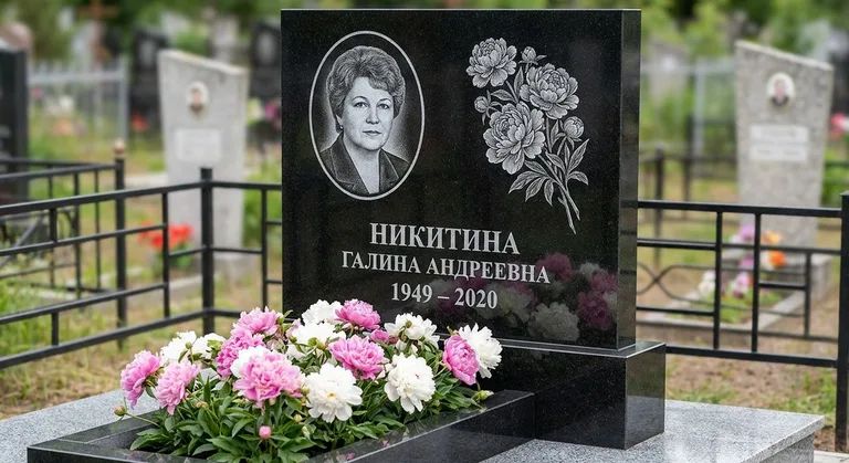 Памятник с гравировкой пионов — выполненная работа «Никитина» в Магнитогорске