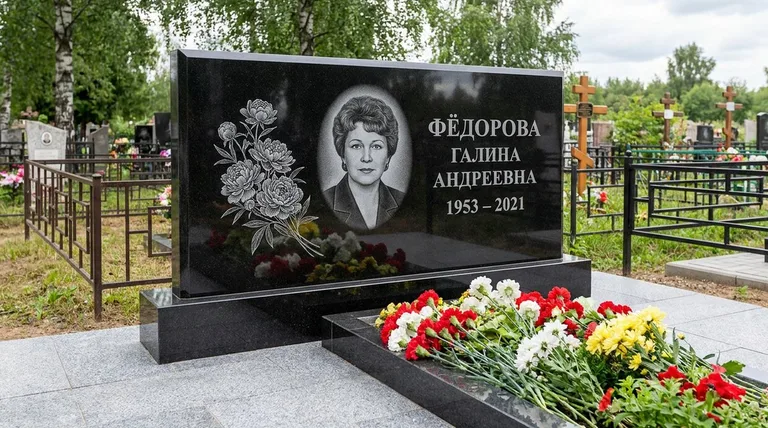 Памятник с гравировкой пионов — выполненная работа «Фёдорова» в Магнитогорске