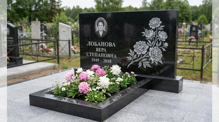 Памятник с гравировкой пионов — выполненная работа «Лобанова» в Магнитогорске