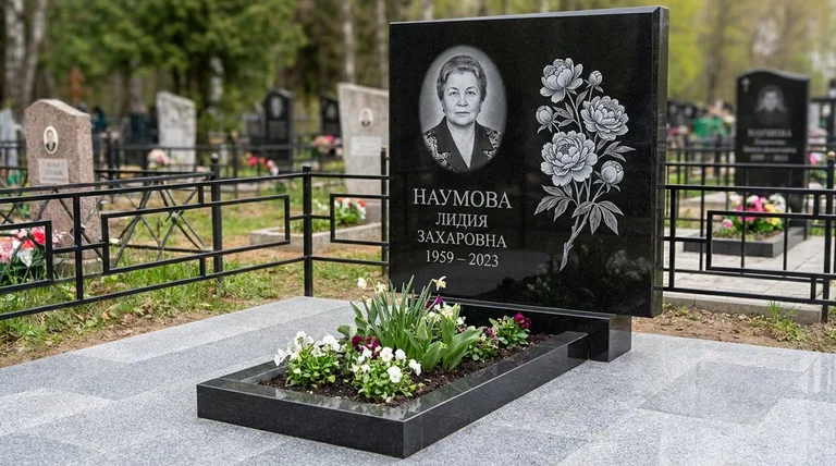 Памятник с гравировкой пионов — выполненная работа «Наумова» в Магнитогорске