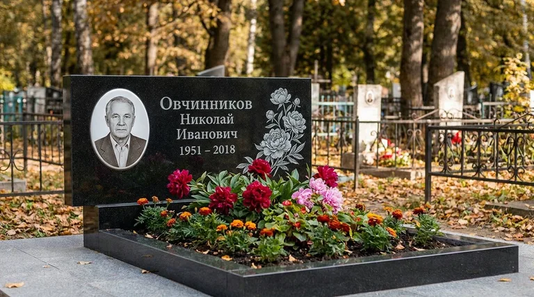 Памятник с гравировкой пионов — выполненная работа «Овчинников» в Магнитогорске