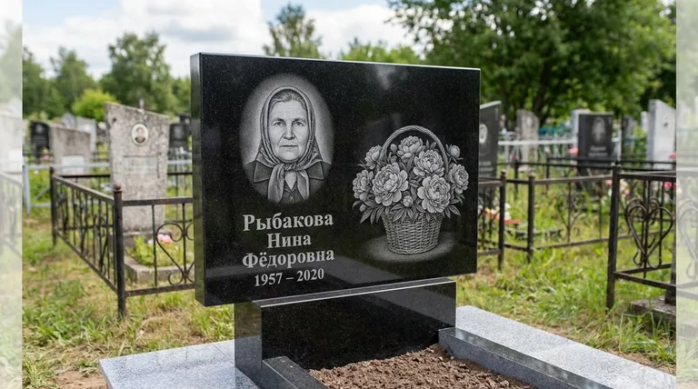 Памятник с гравировкой пионов — выполненная работа «Рыбакова» в Магнитогорске