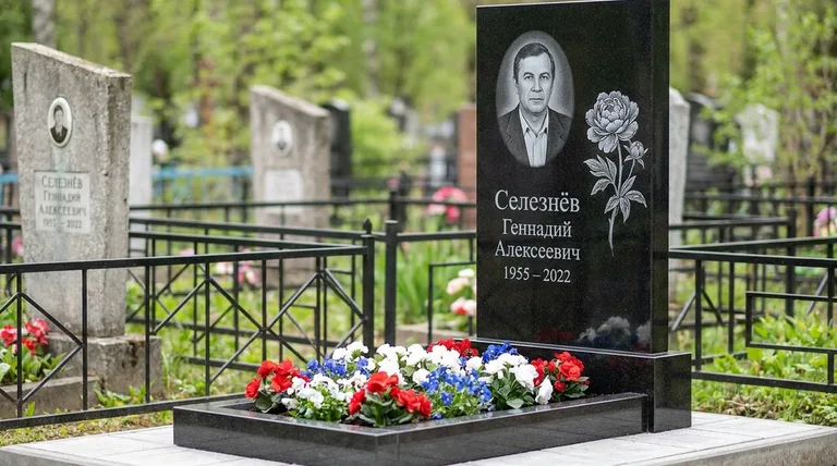 Памятник с гравировкой пионов — выполненная работа «Селезнёв» в Магнитогорске