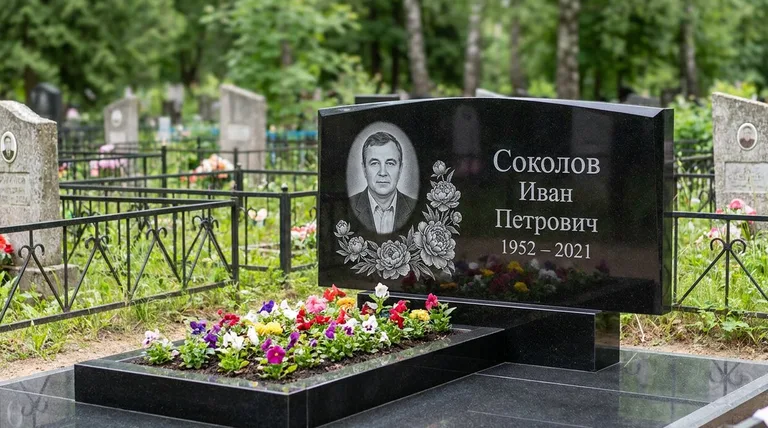 Памятник с гравировкой пионов — выполненная работа «Соколов» в Магнитогорске