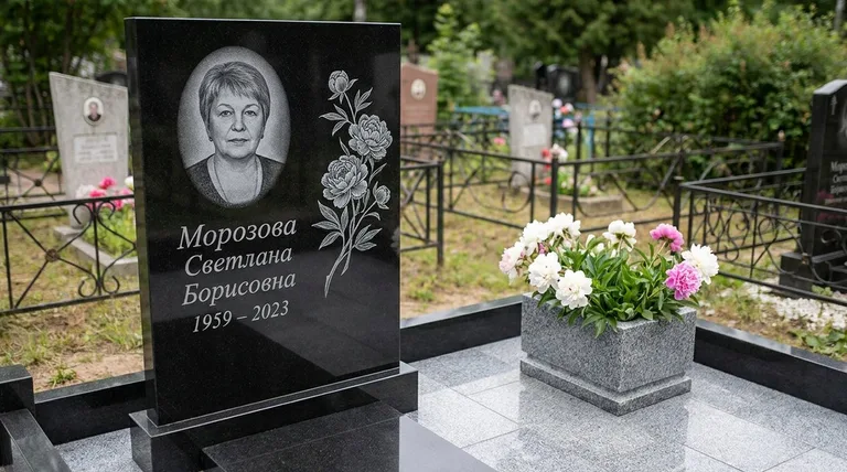 Памятник с гравировкой пионов — выполненная работа «Морозова» в Магнитогорске