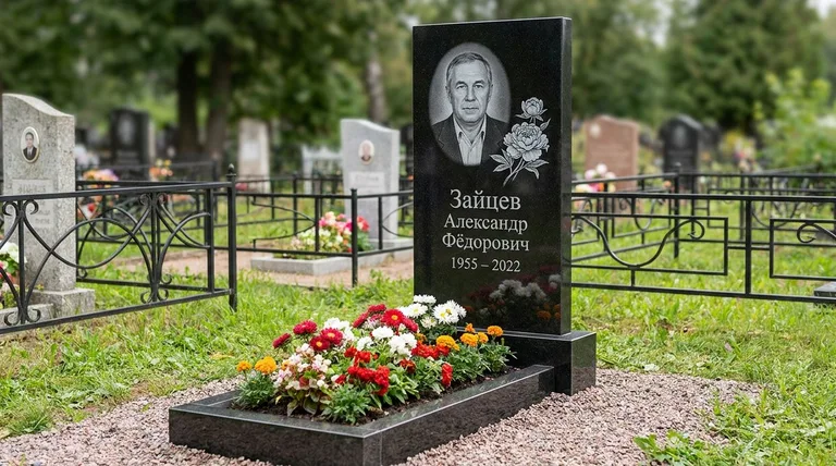 Памятник с гравировкой пионов — выполненная работа «Зайцев» в Магнитогорске