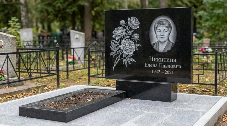 Памятник с гравировкой пионов — выполненная работа «Никитина» в Магнитогорске