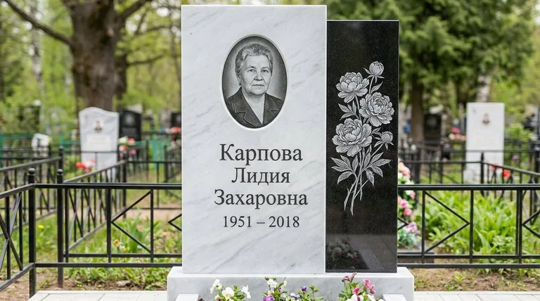 Памятник с гравировкой пионов — выполненная работа «Карпова» в Магнитогорске