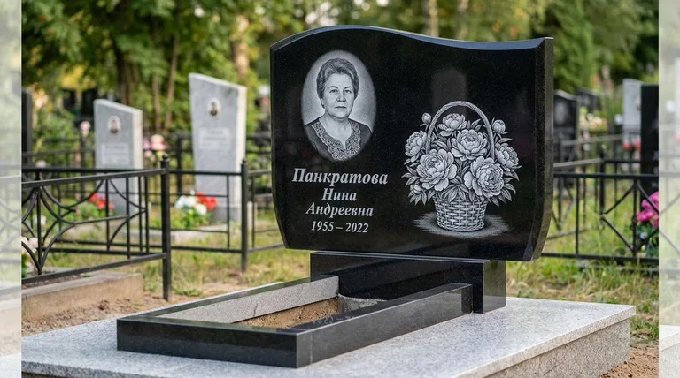 Памятник с гравировкой пионов — выполненная работа «Панкратова» в Магнитогорске