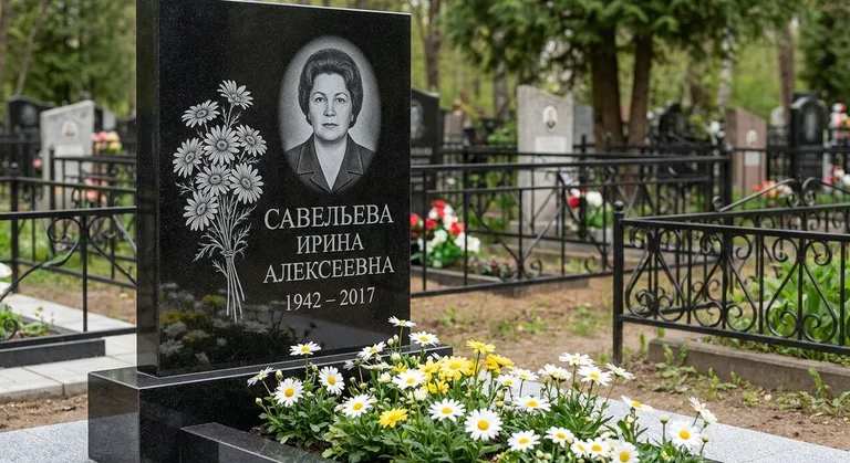 Памятник с гравировкой ромашек — выполненная работа «Савельева» в Магнитогорске