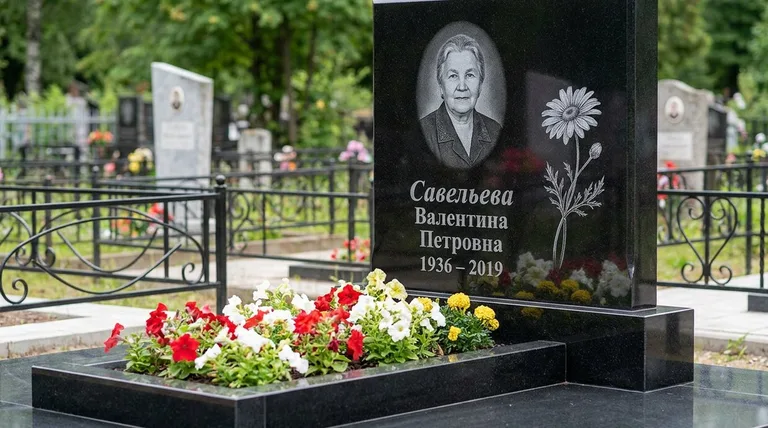 Памятник с гравировкой ромашек — выполненная работа «Савельева» в Магнитогорске